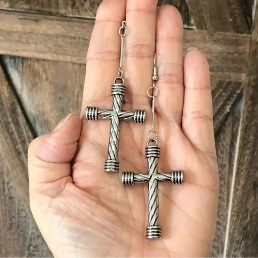 Big Beautiful Cross Christian Silver Drop Earrings